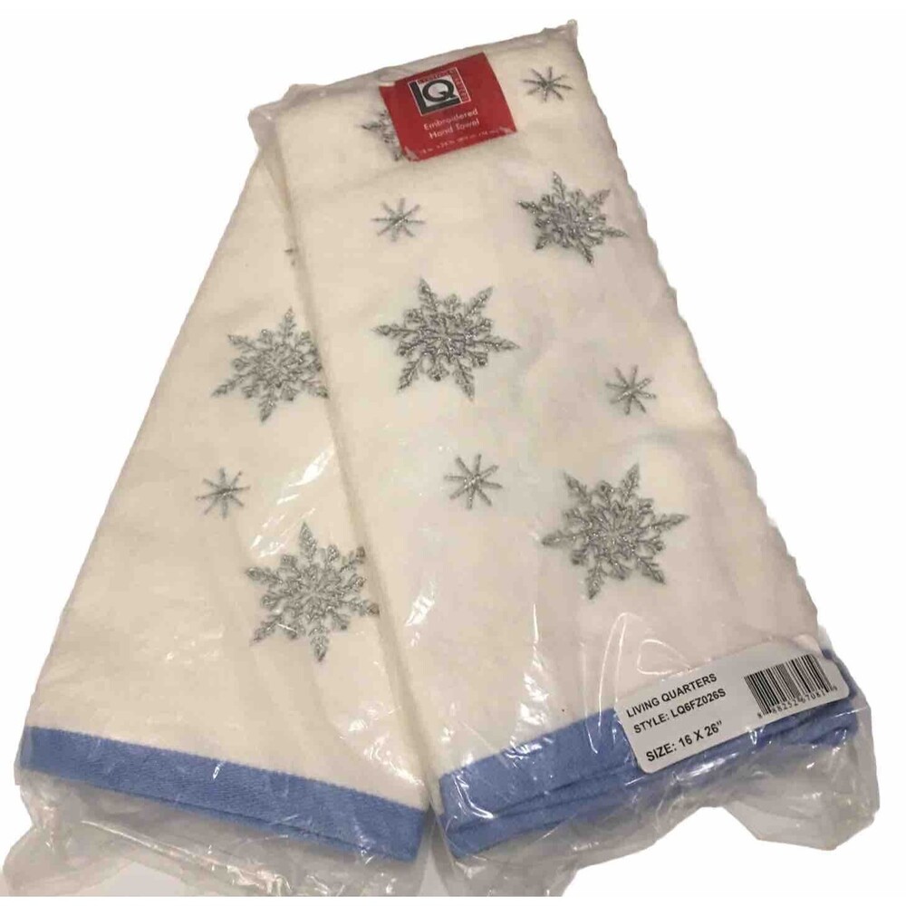 Living Quarters Winter Silver Embroidered Snowflake Hand Towels 2 PCs 16” X 26”